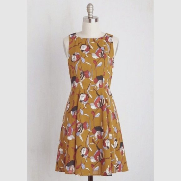 Fun 2 Fun Positive Painter Mustard Floral Dress - Picture 1 of 9